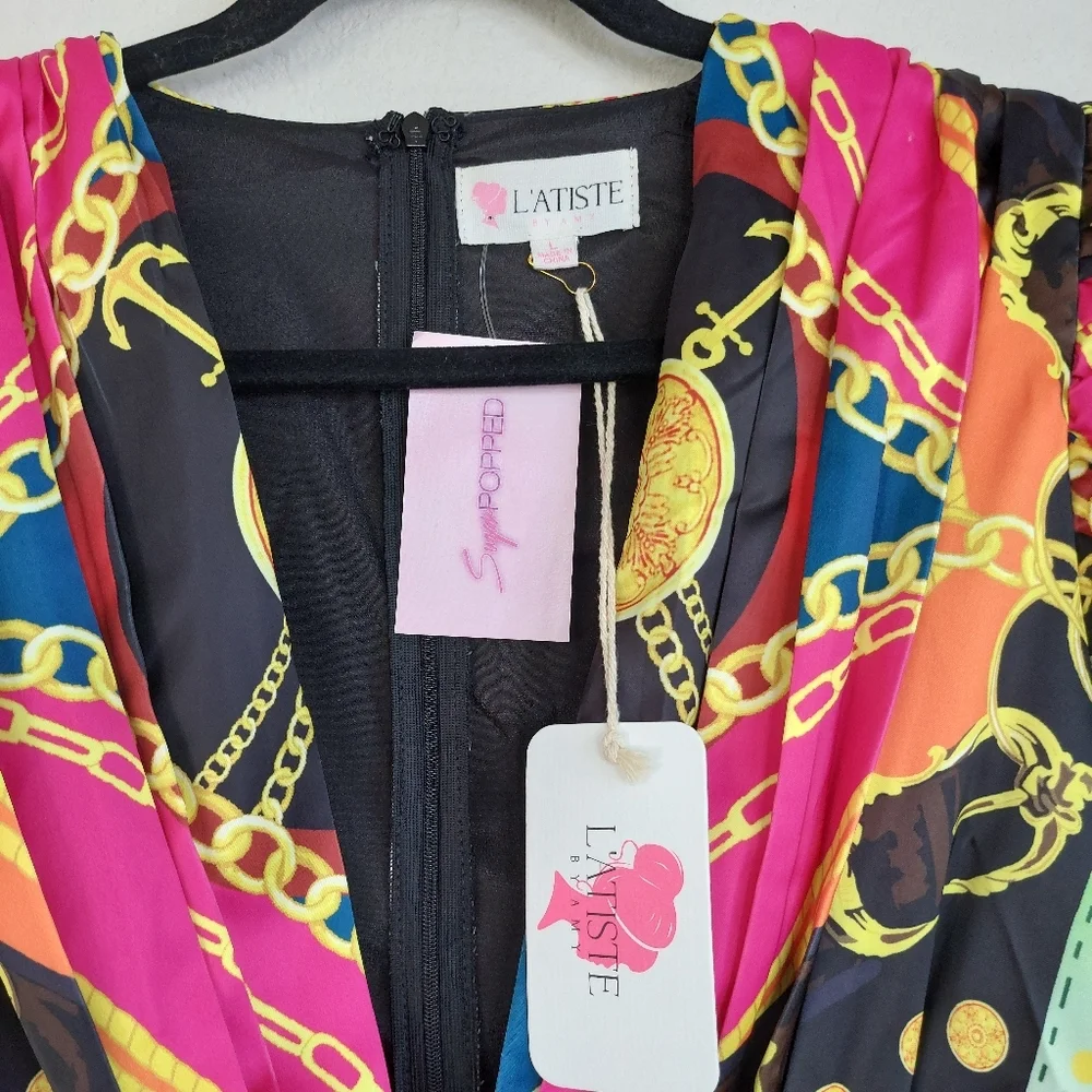L'atiste V Neck Multicolored Long Sleeve Mini Dress Size Large NWT‎ - Picture 3 of 10